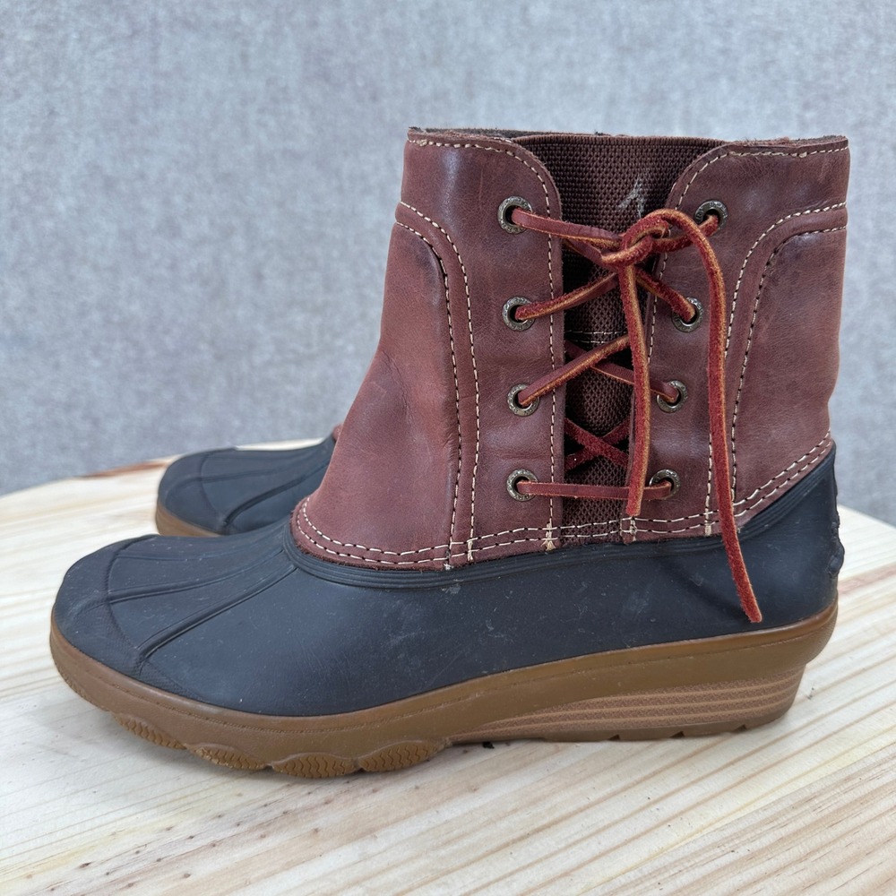 Sperry Saltwater Duck Boots Womens‎ 9 M Burgundy Leather Black Rubber Shell Zip